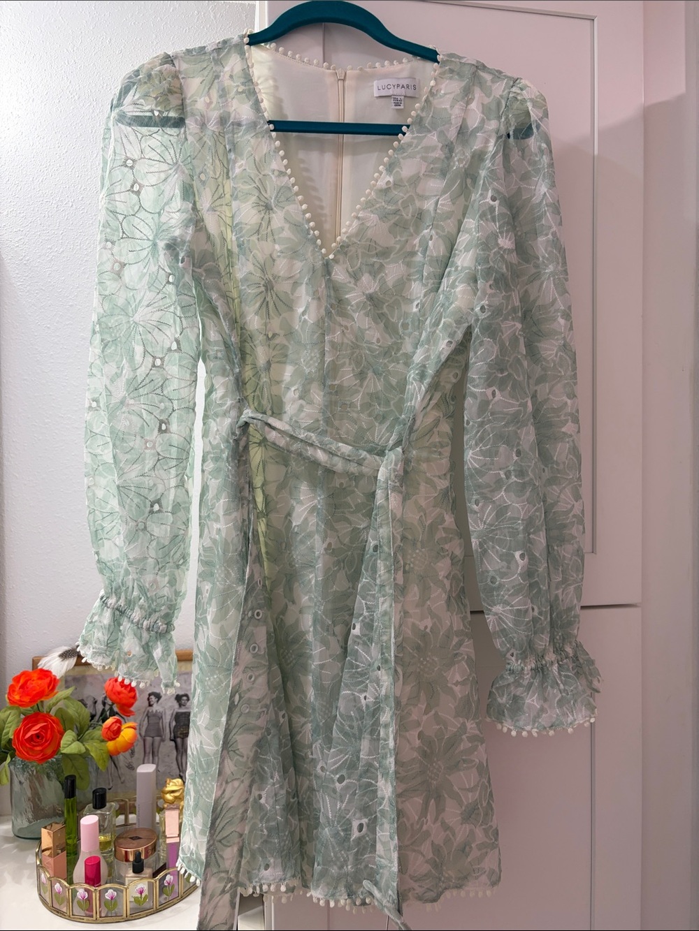 Lucy Paris Light Sage Green Floral Wrap Mini Dress